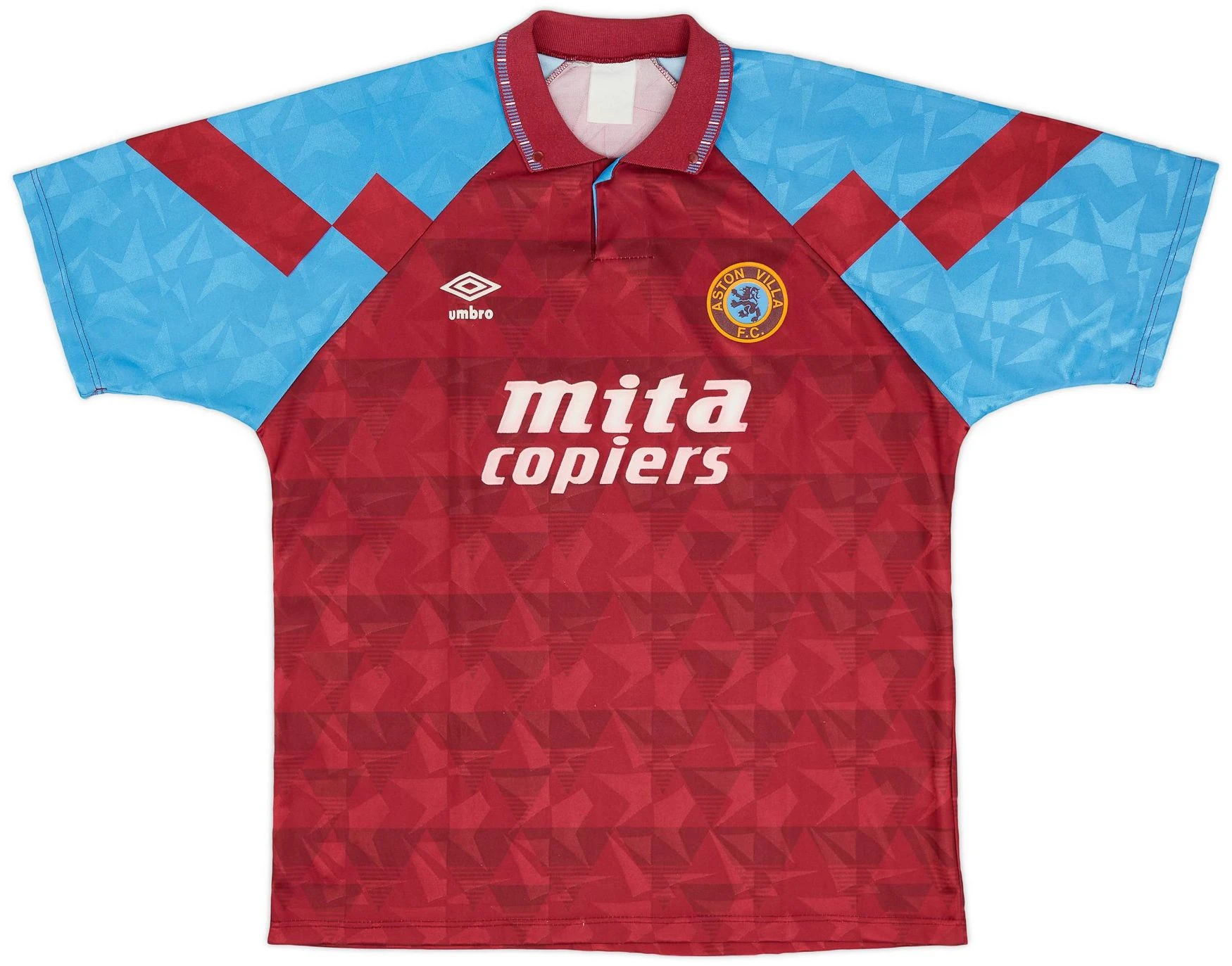 Aston Villa 1990-92 Home Shirt · Mita Copiers Sponsor Across Geometric Patterned Umbro Shirt